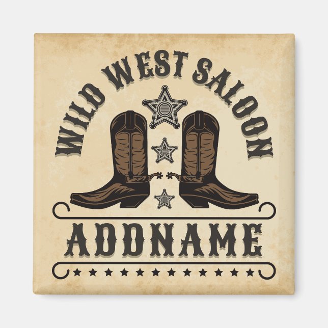 Westerna CowboyBoots ADD NAMN sheriff Spurs Saloon Magnet (Framsidan)
