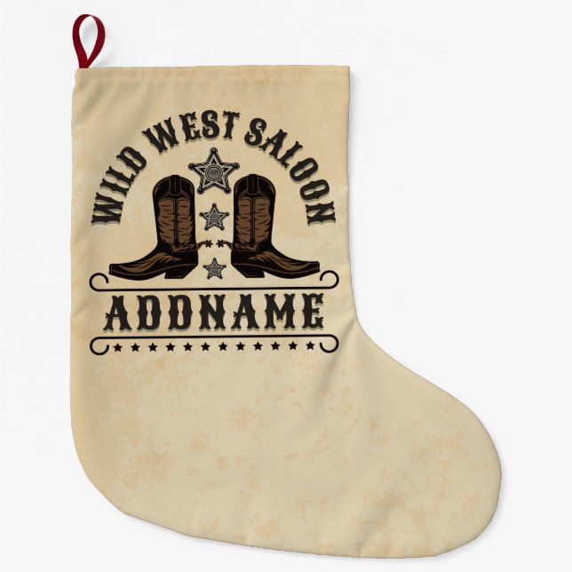 Westerna CowboyBoots ADD NAMN sheriff Spurs Saloon Stor Julstrumpa (Framsidan)