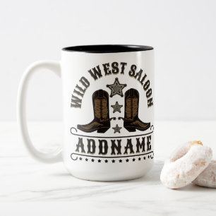 Westerna CowboyBoots ADD NAMN sheriff Spurs Saloon Två-Tonad Mugg