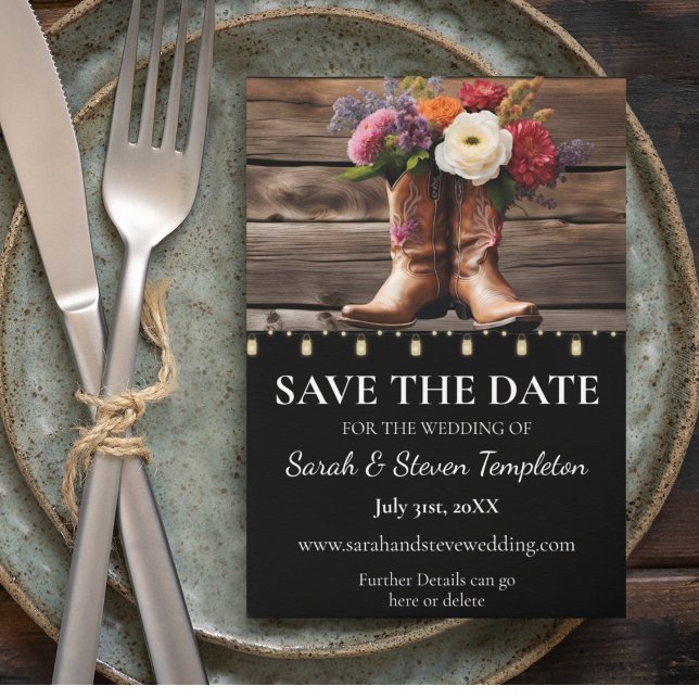 Westerna CowboyBoots Blommigt Elegant Mason Burk Spara Datumet (Western Cowboy Boots Floral Elegant Country Farm Save the Date and Invitation Suite)