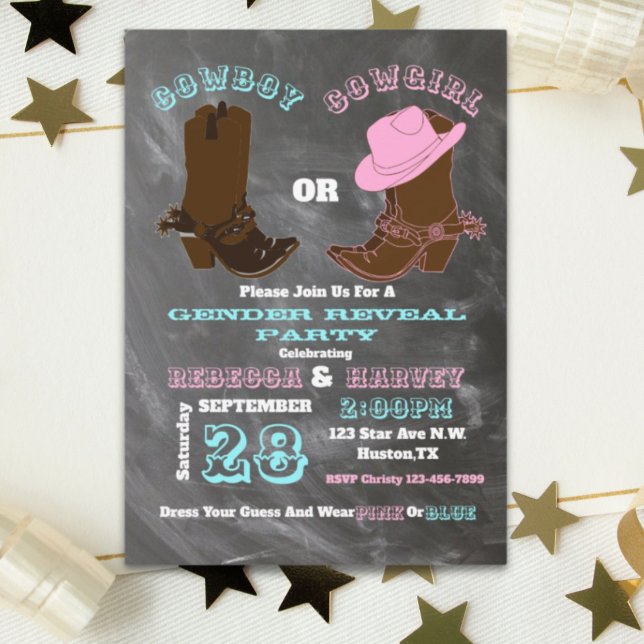 westerna cowboyen eller cowgirl-genderna avslöjar  inbjudningar (western cowboy or cowgirl gender reveal party invitation)