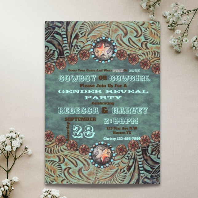 westerna cowboyen eller cowgirl-genderna avslöjar  inbjudningar (western cowboy or cowgirl gender reveal party invitation)