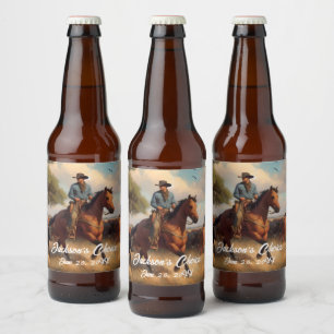 Westerna Cowboyen och Bay Horse Ölflaska Etikett