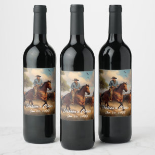 Westerna Cowboyen och Bay Horse Vinflaska Etikett