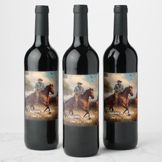 Westerna Cowboyen och Bay Horse Vinflaska Etikett (Flaskor)