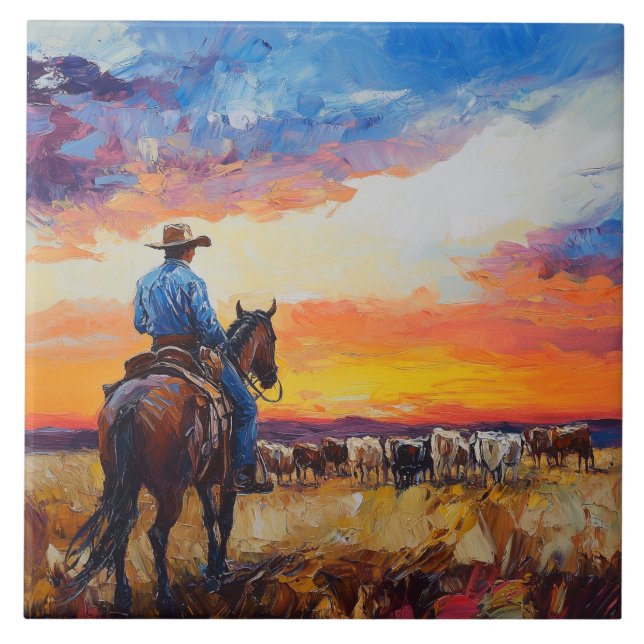 Westerna Cowboyen och Herd Tile Trivet Kakelplatta (Framsidan)