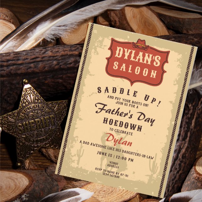 Westerna Cowboyfunny Fars dag Saloon Party Inbjudningar (Western Cowboy Funny Father's Day Man Cave Hoe Down Rustic Party Invitation)