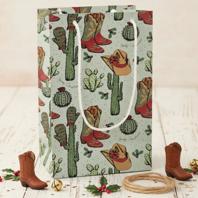 Westerna Cowboyjulrött och Grönt (Country Western Cowgirl Howdy Christmas Gift Bags. Sage Green Rustic Rodeo Xmas Cowboy Boots & Cacti)