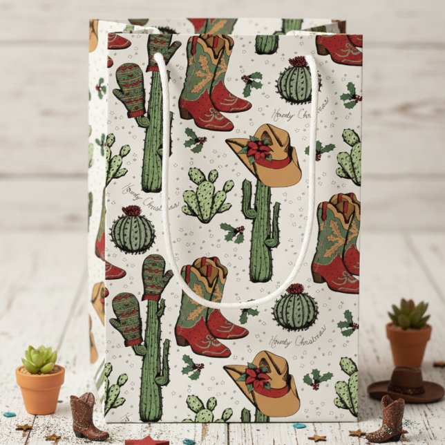 Westerna Cowboyjulrött och Grönt (Country Western Cowgirl Howdy Christmas Gift Bags. Rustic Rodeo Xmas Cowboy Boots & Cacti Pattern)