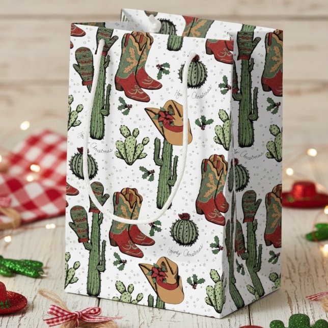 Westerna Cowboyjulrött och Grönt (Western Cowgirl Howdy Christmas Gift Bags for Her. Elegant Xmas Cowboy Boots, Cacti, Holly Berries)