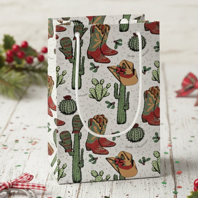 Westerna Cowboyjulrött och Grönt (Country Western Cowgirl Howdy Christmas Gift Bags. Rustic Rodeo Xmas Cowboy Boots & Cacti Pattern)