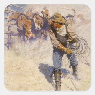 Westerna Cowboys för vintage, i corralen vid NC Fyrkantigt Klistermärke