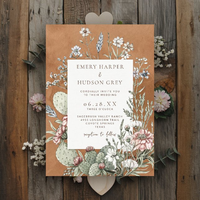 Westerna CowboyVintagen Sydvästra Blommigten Bröll Inbjudningar (western wedding invitation cowboy cowgirl country rustic ranch barn outdoor vintage botanical)