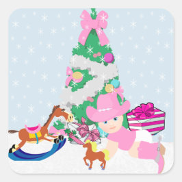Westerna Cowgirl Baby Julgran Scene Fyrkantigt Klistermärke