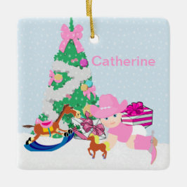 Westerna Cowgirl Baby Julgran Scene Julgransprydnad Keramik