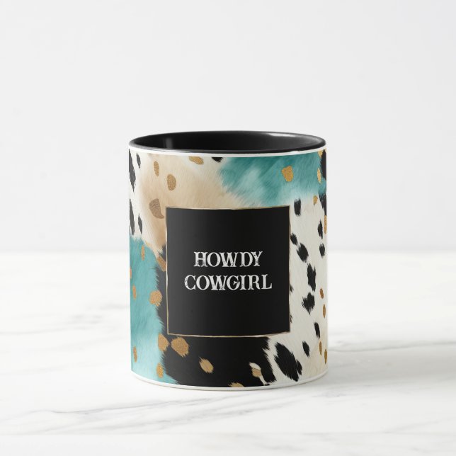 Westerna Cowgirl Cowhide, Turcos Black Cream Guld Mugg (Center)