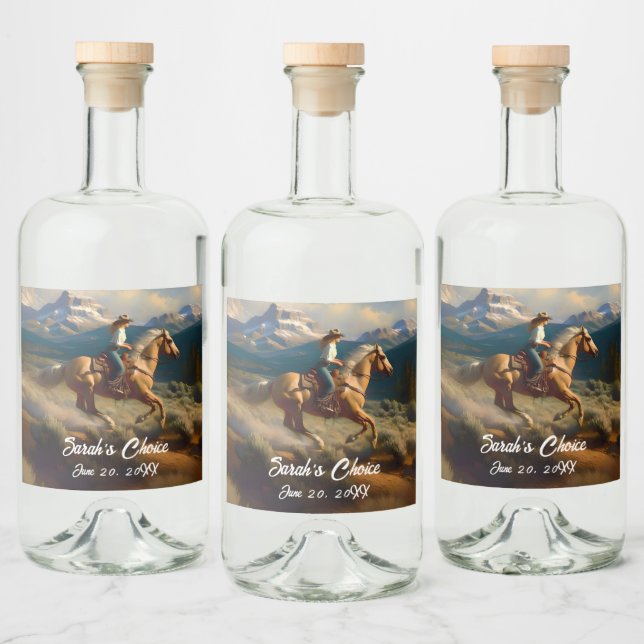 Westerna Cowgirl och Palomino Horse Bröllop Spritflaskor Etikett (Flaskor)