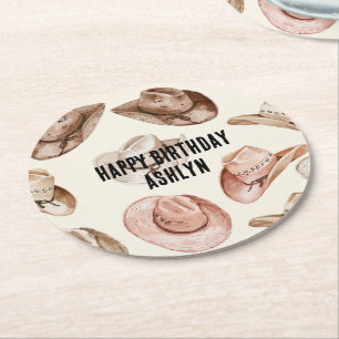Westerna Cowgirl Rosa Brown Hats Birthday Underlägg Papper Rund