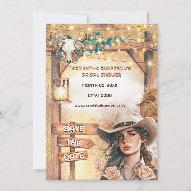 Westerna cowgirl-vattenfärgsladan ljus möhippa inbjudningar (Framsida)