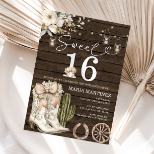 Westerna Cowgirl White Boots Wood Sweet 16 Birthda Inbjudningar