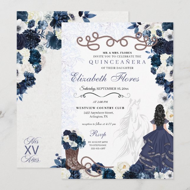 Westerna flottan Blue Princess Charra Quinceañera Inbjudningar (Fram/baksida)