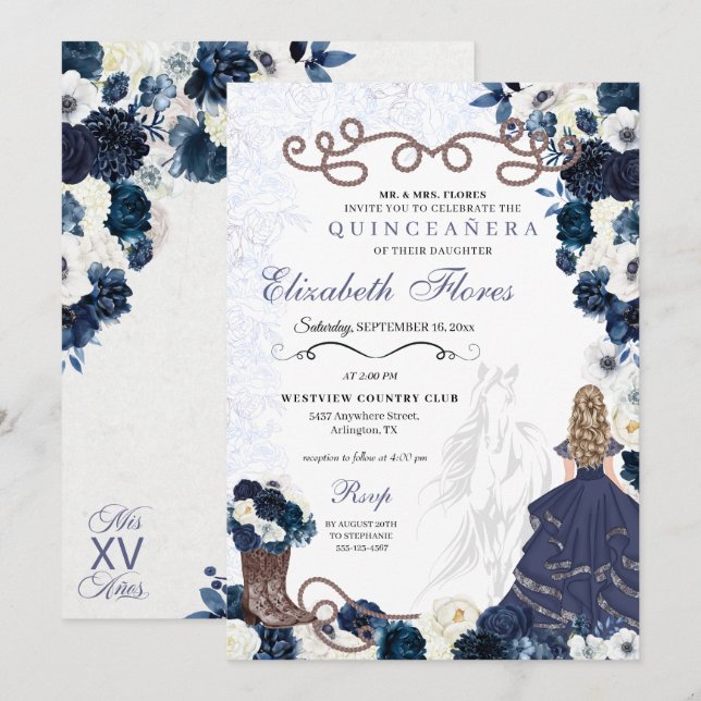 Westerna flottan Blue Princess Charra Quinceañera Inbjudningar (Fram/baksida)