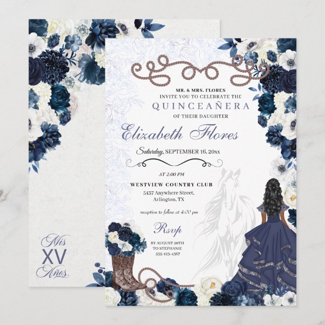 Westerna flottan Blue Princess Charra Quinceañera Inbjudningar (Fram/baksida)