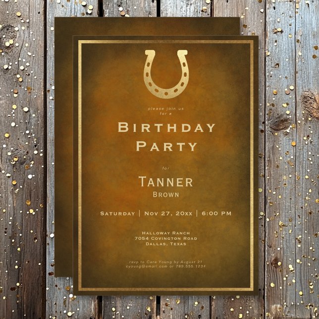 Westerna födelsedagen Rustic Horseshoe Brown Guld Inbjudningar (Western Rustic Horseshoe Brown Gold Birthday Invitation)