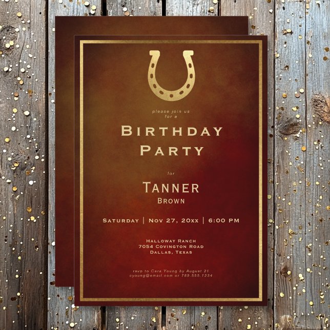 Westerna födelsedagen Rustic Horseshoe Burgundy Gu Inbjudningar (Western Rustic Horseshoe Burgundy Gold Birthday Invitation)