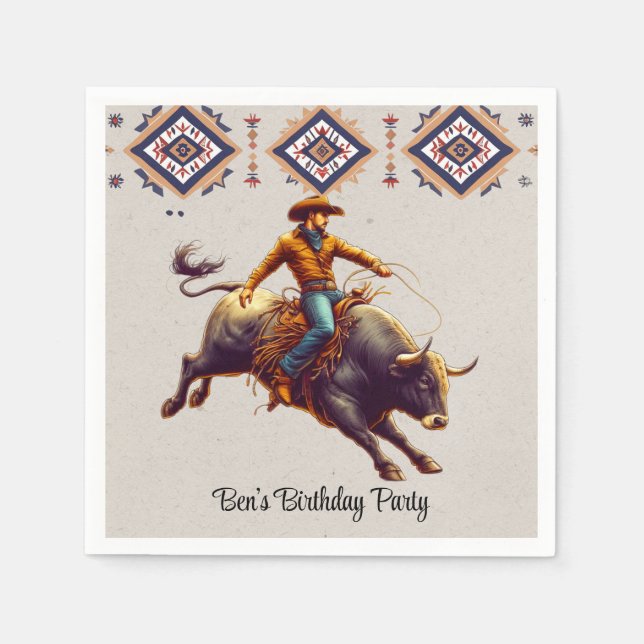 Westerna Födelsedagsfesten Cowboy Bull Rider Aztec Pappersservett (Framsidan)