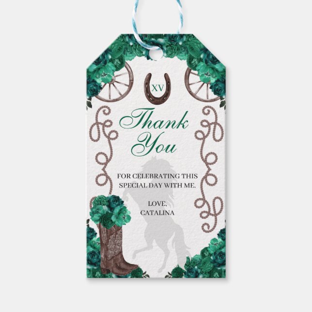Westerna Grönt Ro Ranchero Quinceanera Gift-Märkre Presentetikett (Framsidan)