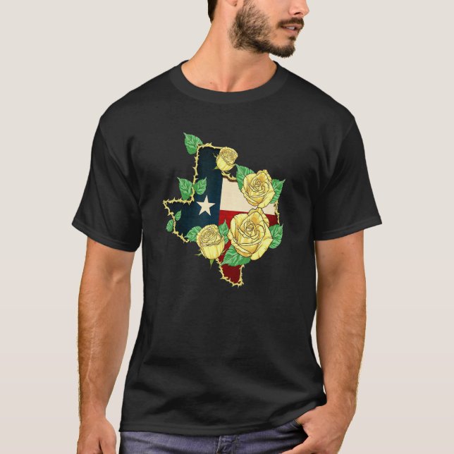 Westerna Gul ros i Texas Flagga T Shirt (Framsida)