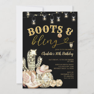 Westerna Guld Boots & Bling Cowgirl Cactus Birthda Inbjudningar