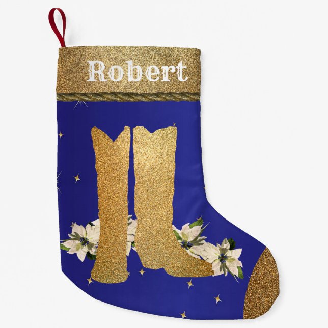 Westerna Guld Cowboy Cowgirl Boots på Blue Liten Julstrumpa (Framsidan)