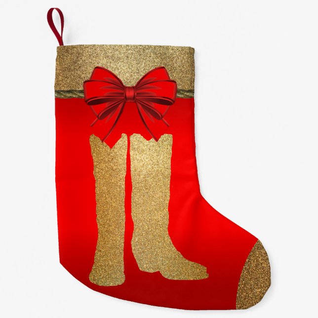 Westerna Guld Cowboycowgirl Boots on Red Liten Julstrumpa (Framsidan)