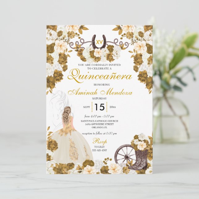 Westerna Guld Ivory Charro Cowgirl Quinceañera Inbjudningar (Stående Fram)
