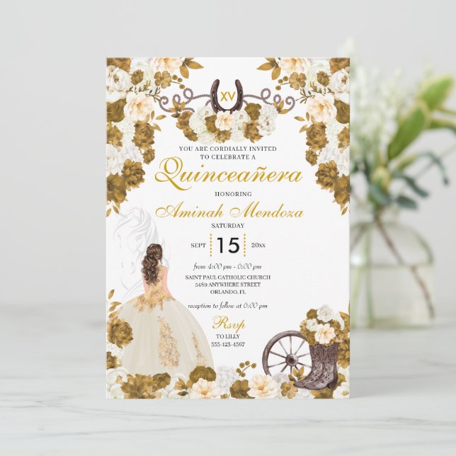 Westerna Guld Ivory Charro Cowgirl Quinceañera Inbjudningar (Stående Fram)