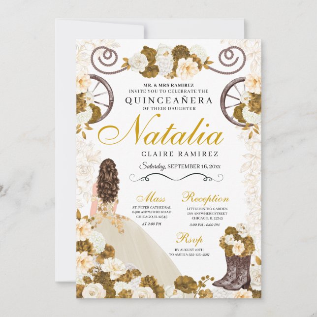 Westerna Guld & Ivory Princess Cowgirl Quinceanera Inbjudningar (Framsida)