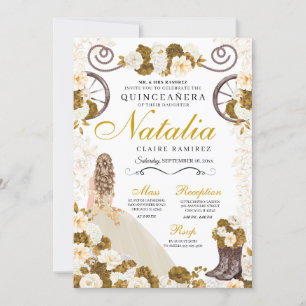 Westerna Guld & Ivory Princess Cowgirl Quinceanera Inbjudningar