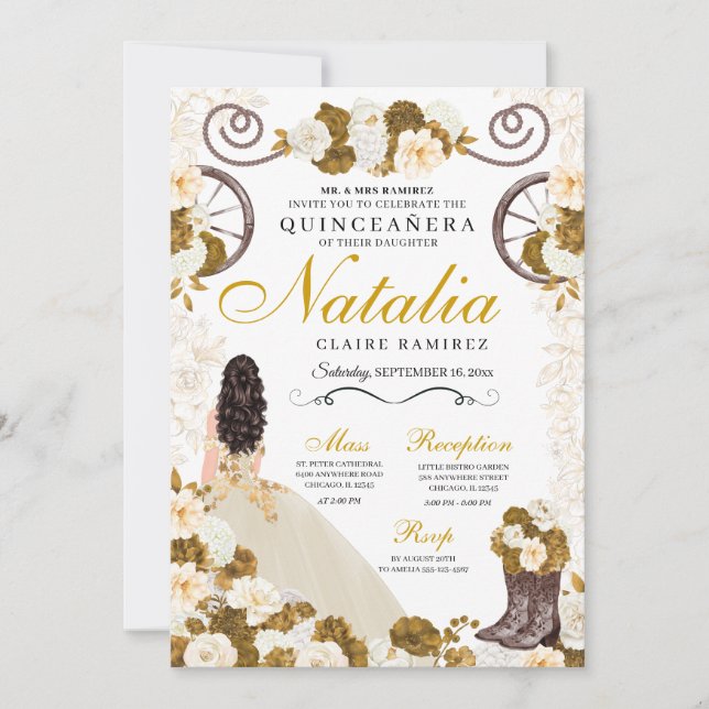 Westerna Guld & Ivory Princess Cowgirl Quinceanera Inbjudningar (Framsida)