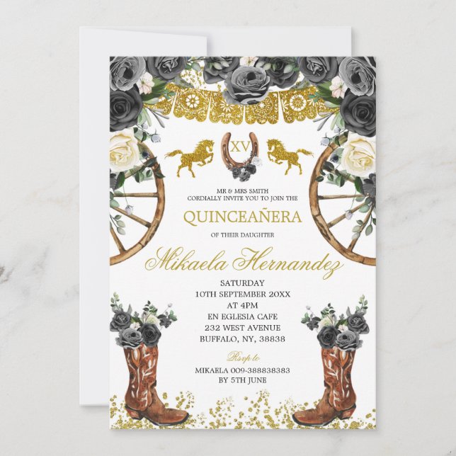 Westerna Guld och Black Charra Boots 15 Anos Inbju Inbjudningar (Framsida)