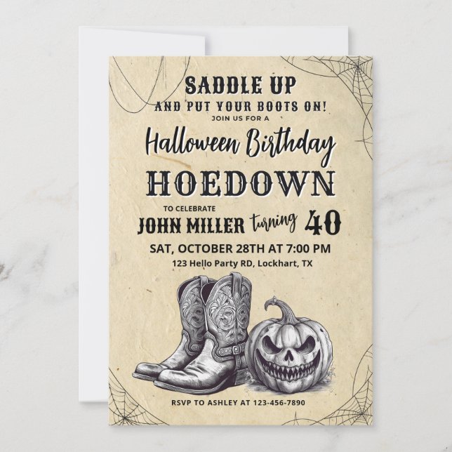Westerna Halloween Birthday Hoedown, Cowboy Inbjudningar (Framsida)