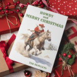 Westerna Helgdag Cowboy Santa jul Julkort<br><div class="desc">Den här designen skapades genom digital grafik. Den kan vara personlig i det område som tillhandahålls genom att ändra fotot och/eller text. Du kan också anpassa den genom att klicka för att anpassa ytterligare alternativ och ta bort eller ändra bakgrunden i färg, lägga till text, ändra texten färg eller stil...</div>