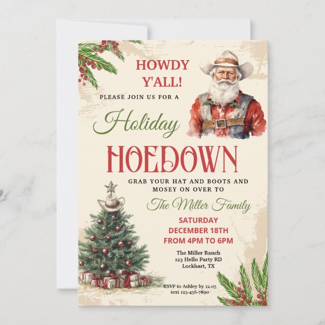 Westerna Helgdag Hoedown Inbjudan, Cowboy Santa, J Inbjudningar (Framsida)