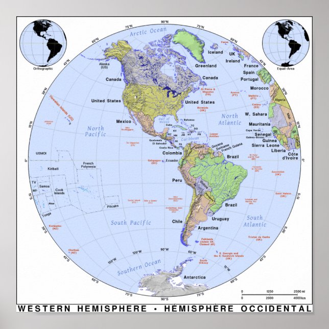 Westerna Hemisphere Karta Poster (Framsidan)