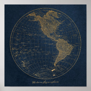 Westerna Hemisphere Karta Vintage Poster