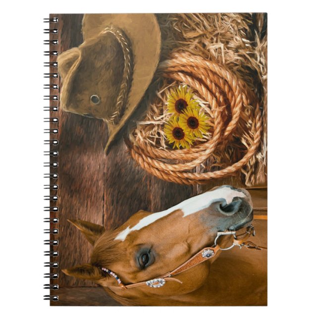 Westerna Horse Cowboy Hat Lasso Sunblommor Anteckningsbok (Framsidan)