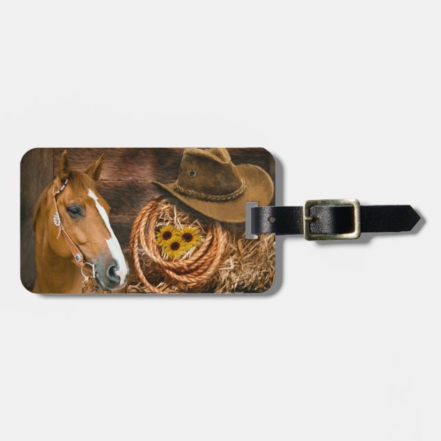 Westerna Horse Cowboy Hat Lasso Sunblommor Bagagebricka (Horisontell Framsida)