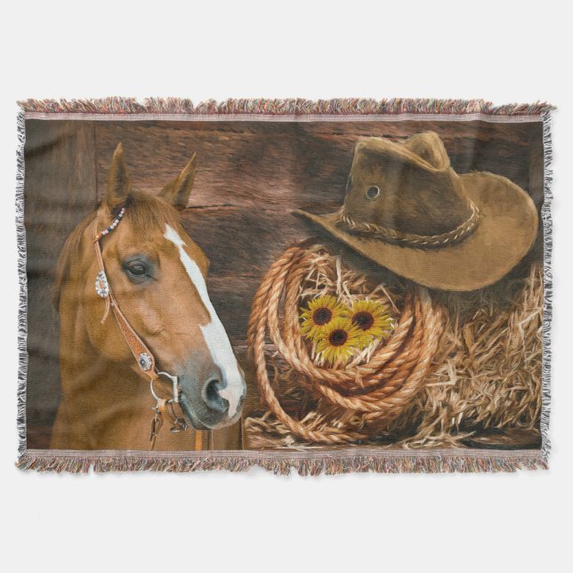 Westerna Horse Cowboy Hat Lasso Sunblommor Filt (Framsidan)