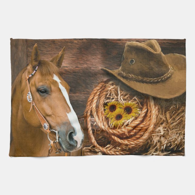 Westerna Horse Cowboy Hat Lasso Sunblommor Kökshandduk (Horisontell)
